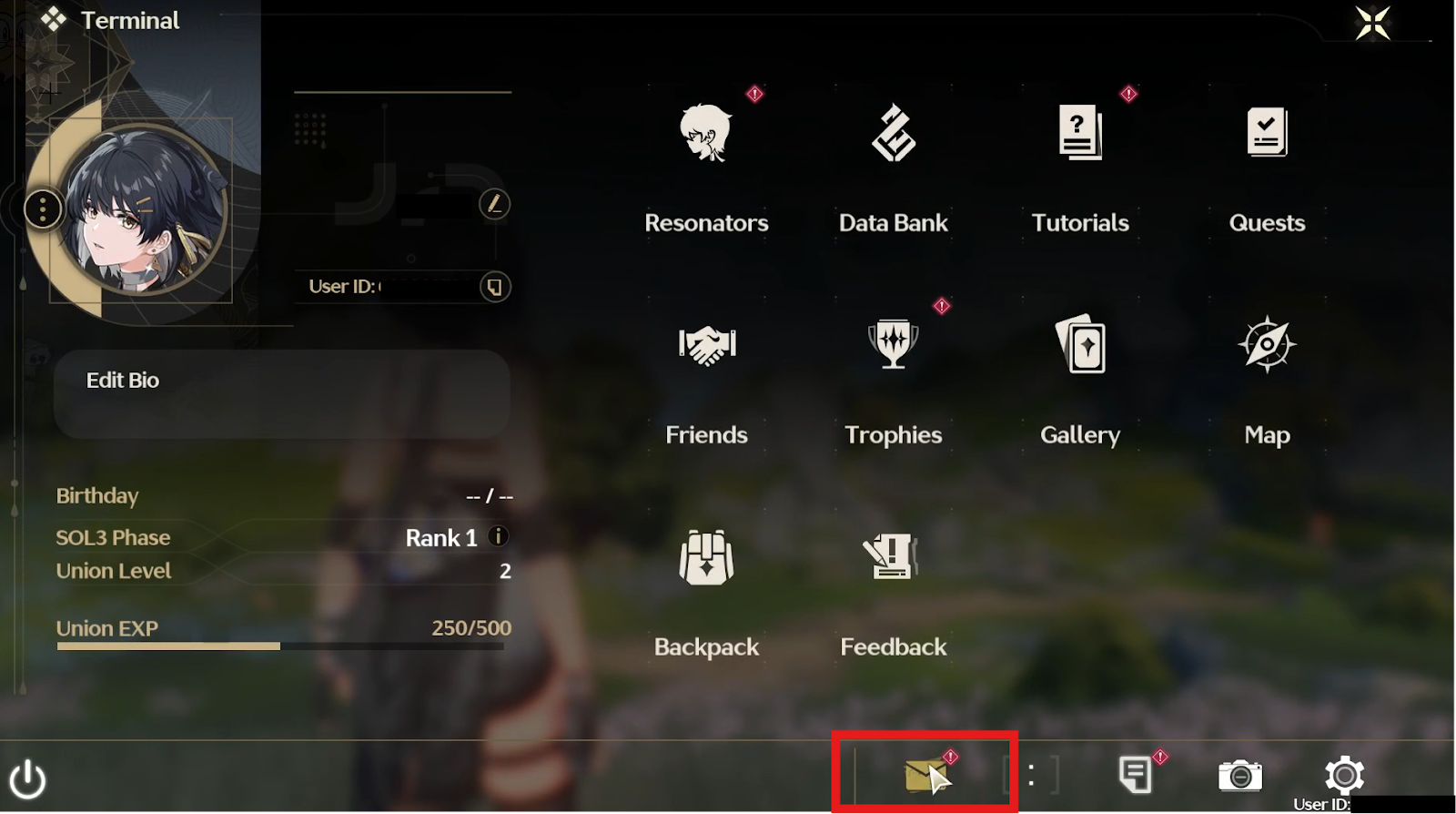 9. Una vez que lo hayas completado desde la página «Código de canje», primero deberás reclamar la recompensa en tu bandeja de entrada para recibir los artículos del juego. Vuelve a la página del menú principal y selecciona el botón Bandeja de entrada (icono de correo) en la parte inferior de la pantalla.