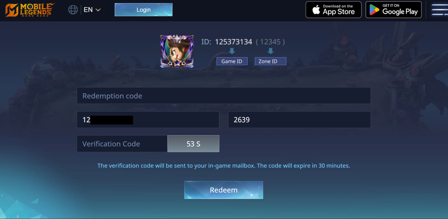  Enter your Game ID and Zone ID in the fields. Then tap the “Send” button for the Verification Code field. 