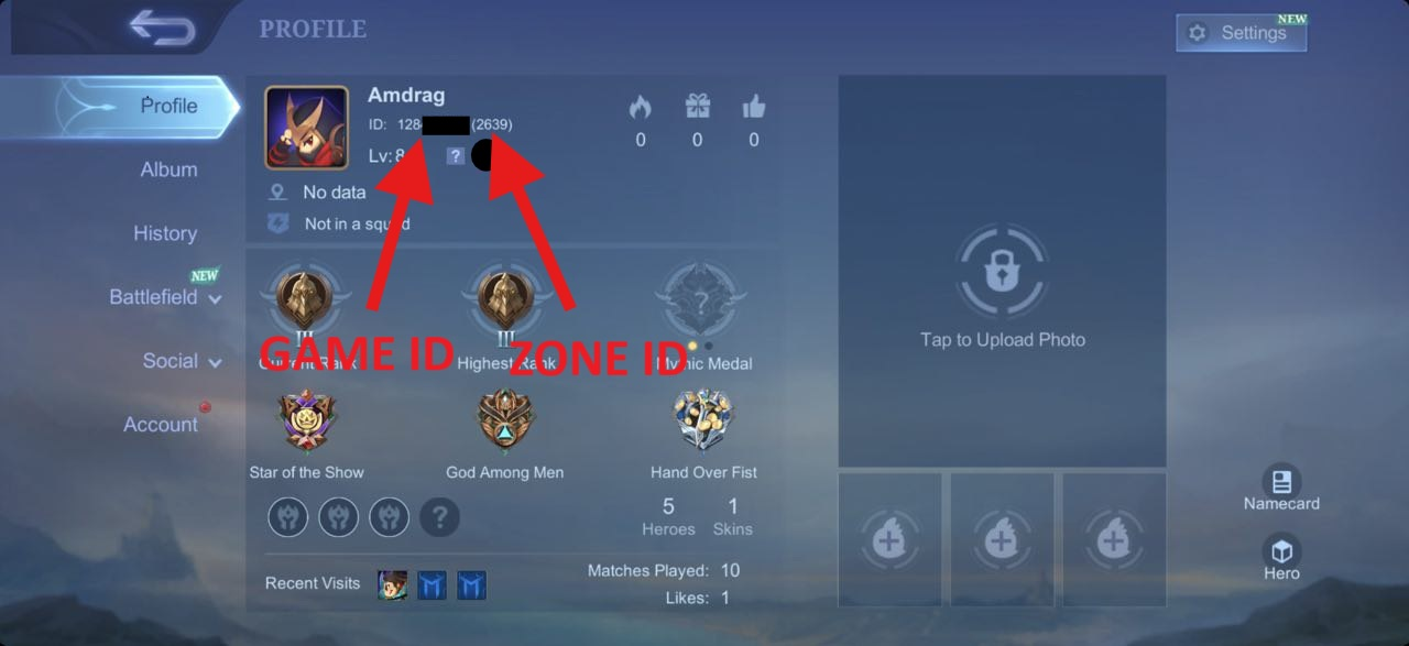 Here you’ll find your “Game ID” and “Zone ID”. Keep this page open and switch back to your browser with the Mobile Legends Redeem page open.