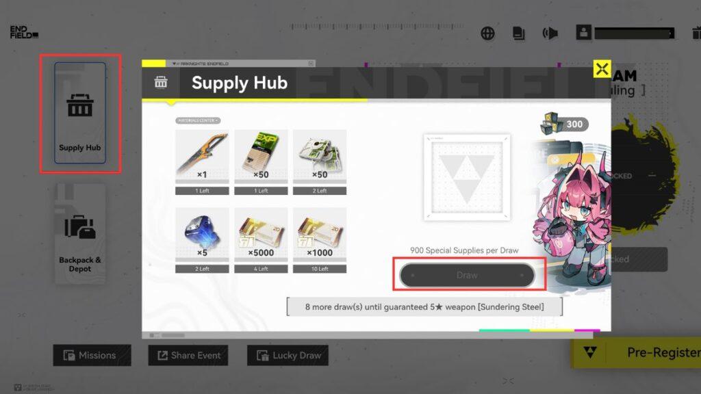 Supply Hub in Arknights Endfield Pre-draw Event