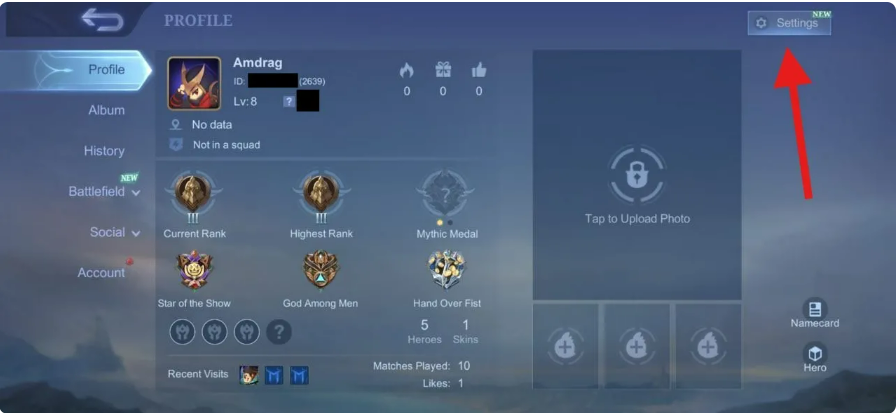 menu de configurações mostrando a opção Código de Resgate Mobile Legends