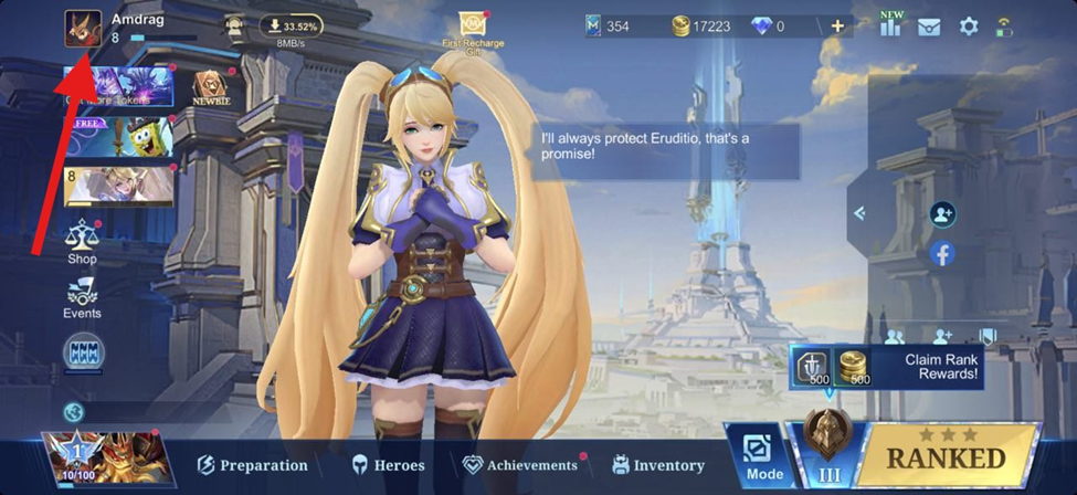 2.  在您的行動裝置上啟動《Mobile Legends》。點擊主選單左上角的頭像。