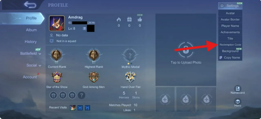  clique para abrir o campo de inserir código de resgate Mobile Legends