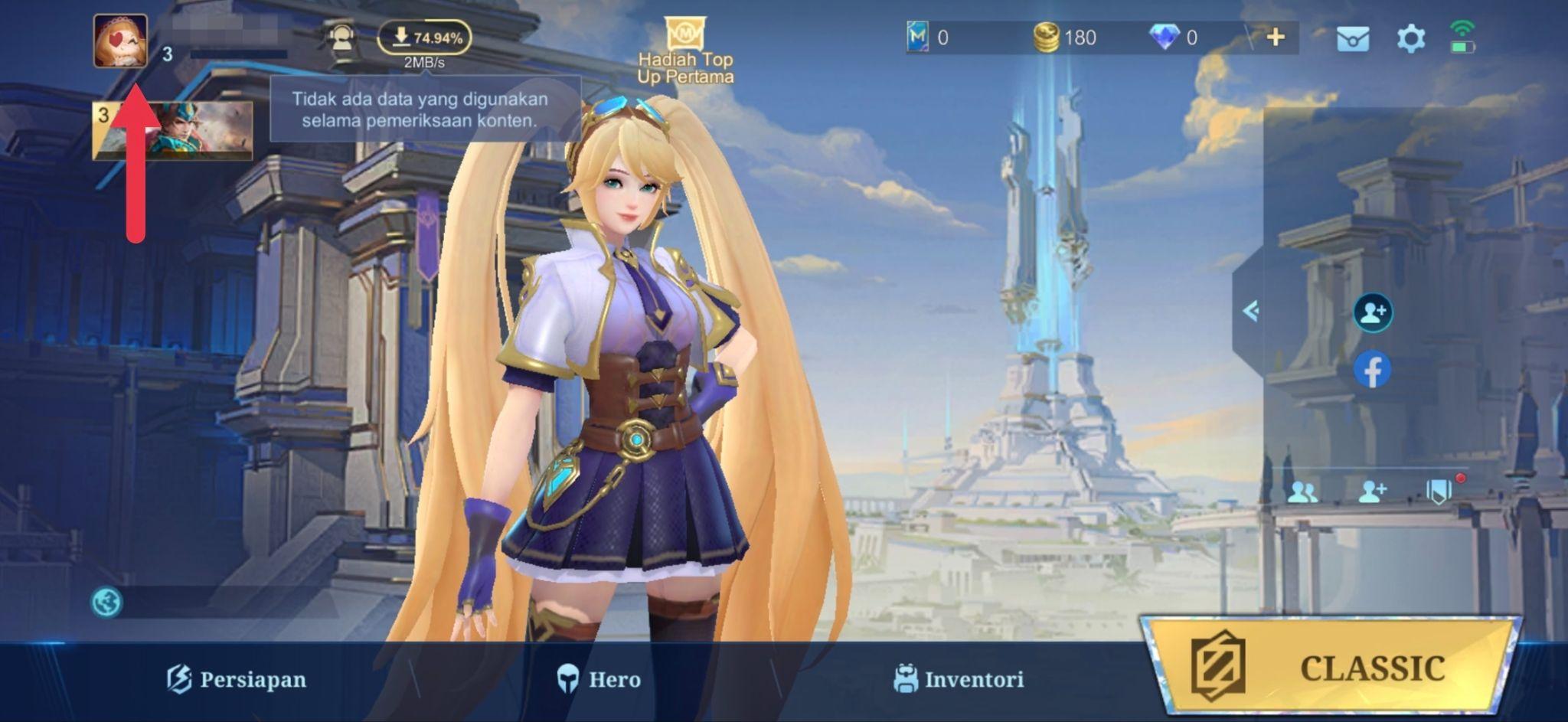 Buka game Mobile Legends di HP-mu. Tekan avatar di pojok kiri atas menu utama.