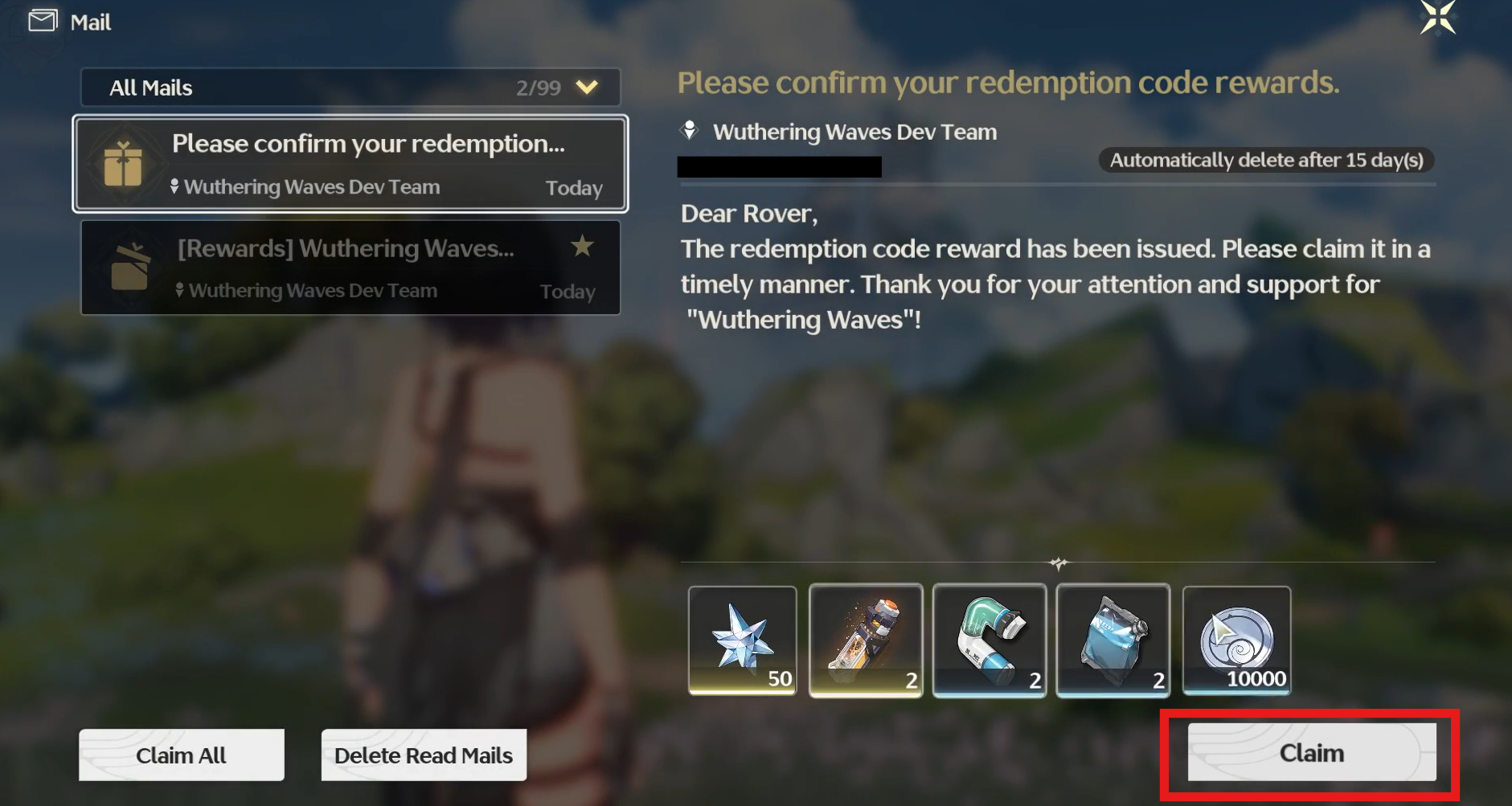 Selecione “Claim” na mensagem do Inbox para receber as recompensas do código!
