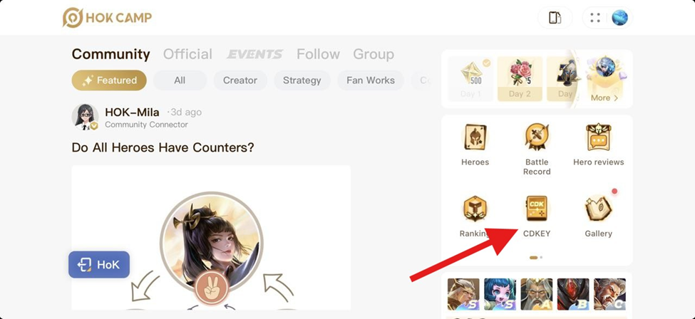 Here you’ll open the HOK Camp page. On the right-hand menu, scroll down and find the “CDKEY” button. Tap on it