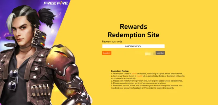 Campo de inserção de código do Free Fire 2025 no site