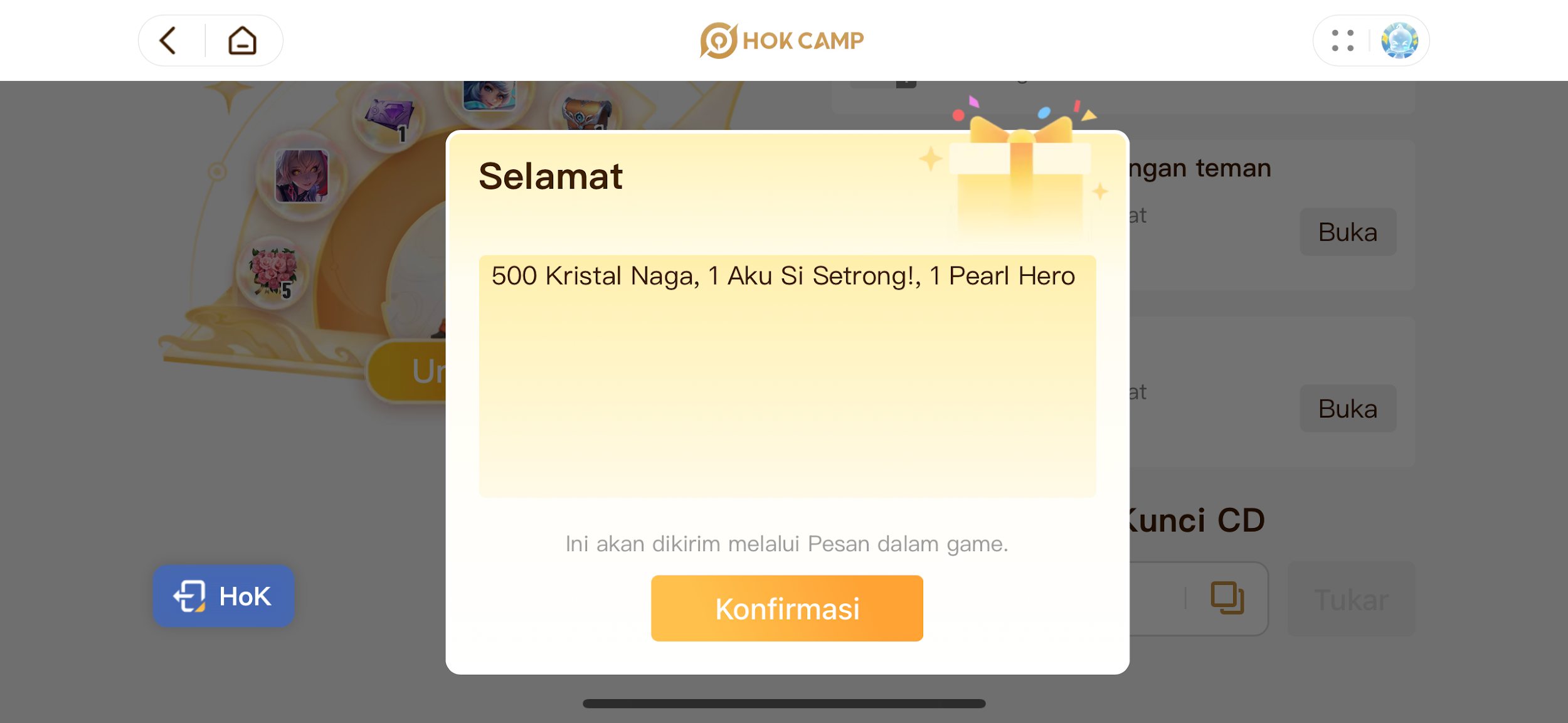 pop-up yang menunjukkan kode redeem honor of kings berhasil diklaim