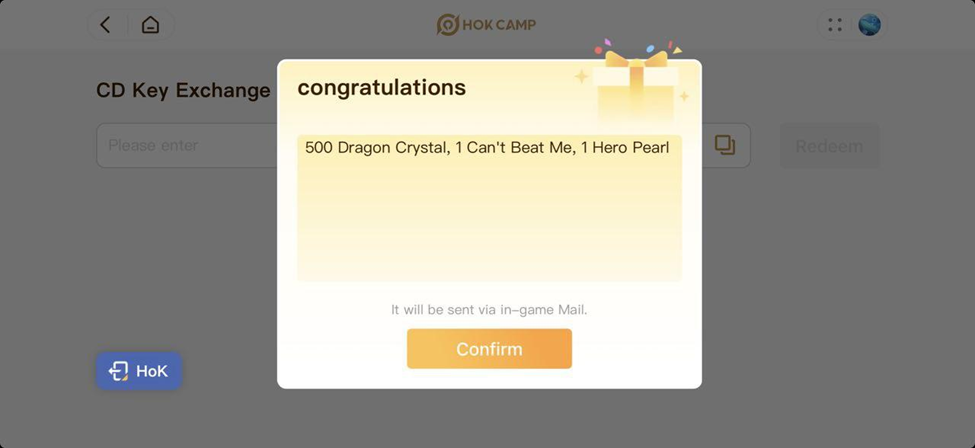  兌換成功後，系統會顯示你獲得的獎勵。返回遊戲主選單，開啟 郵件系統 即可領取獎勵。