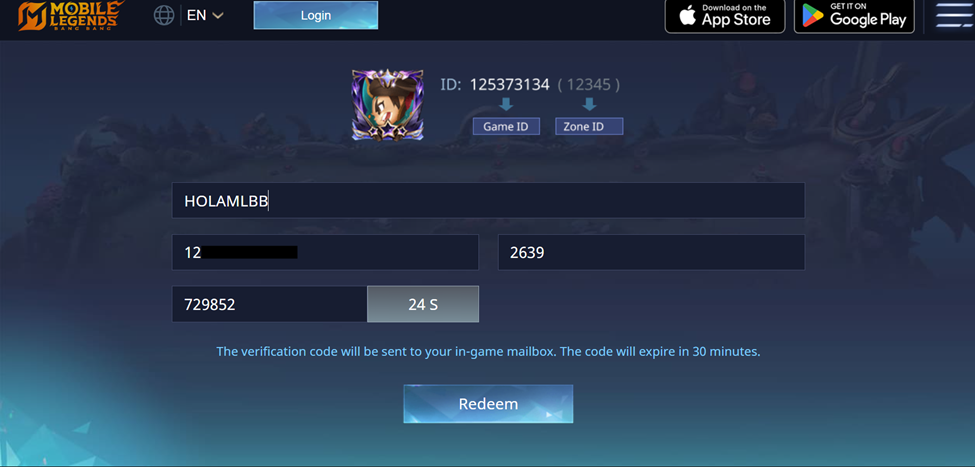 5.  再次開啟《Mobile Legends》遊戲，從遊戲內郵箱複製驗證碼，並將其貼到兌換網頁上。此驗證碼僅在發送後 30 分鐘內有效。